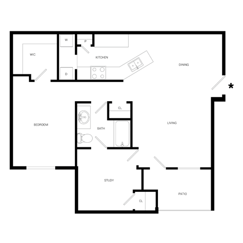 Floor plan for 2 beds, 1 bath, 965 sqft